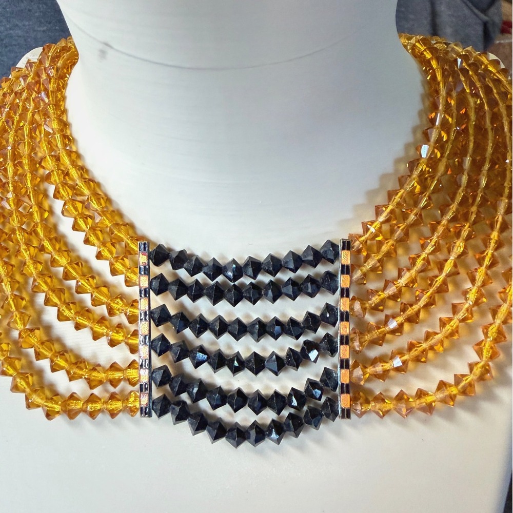 Festoon Necklace Sterling Silver Glass Golden Honey Black Vintage Art Deco 17"